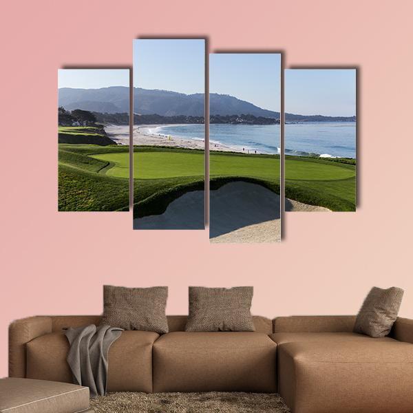 Pebble Beach Golf Course California Canvas Wall Art in beige, green and blue, 4 panel Pop layout hung on a wall