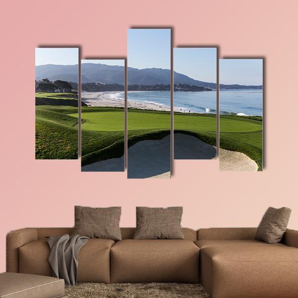 Pebble Beach Golf Course California Canvas Wall Art in beige, green and blue, 5 panel Star layout hung on a wall