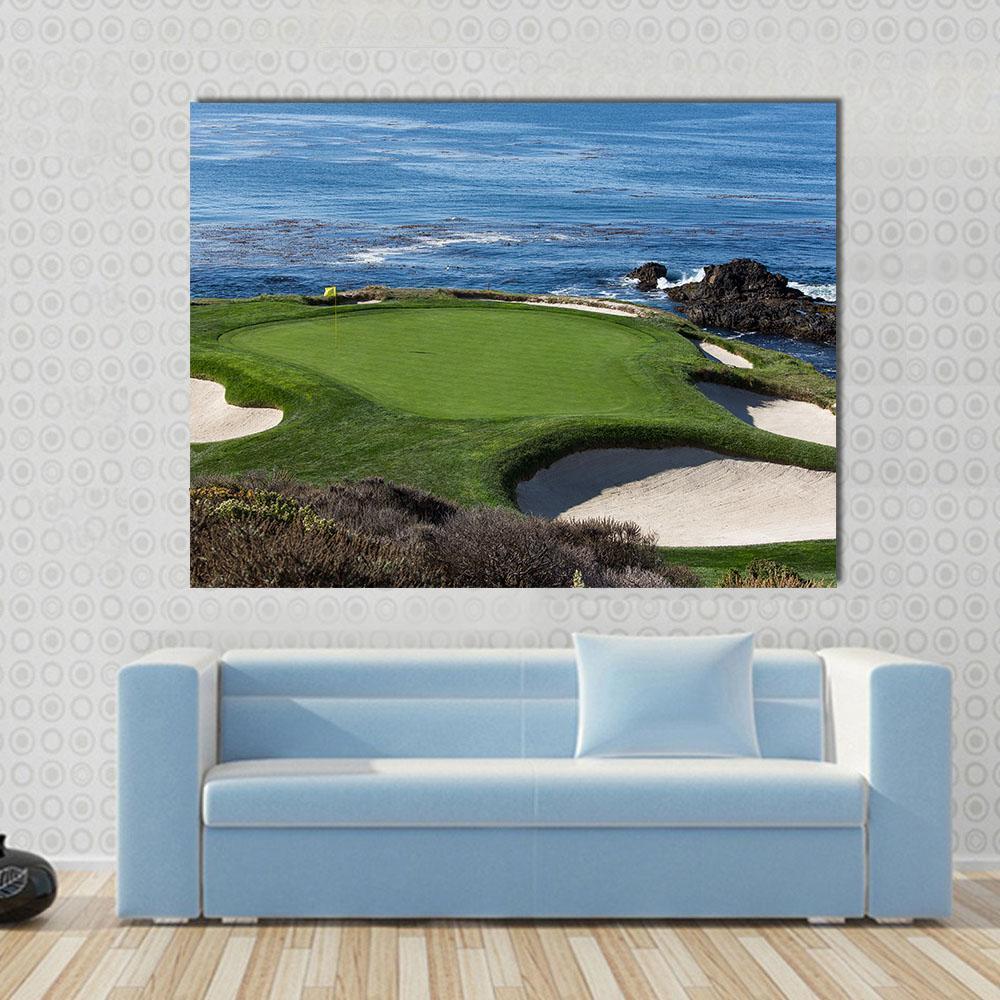 Pebble Beach Golf Course Artwork Canvas Wall Art in green and blue, 5 panel Pop layout hung on a wall