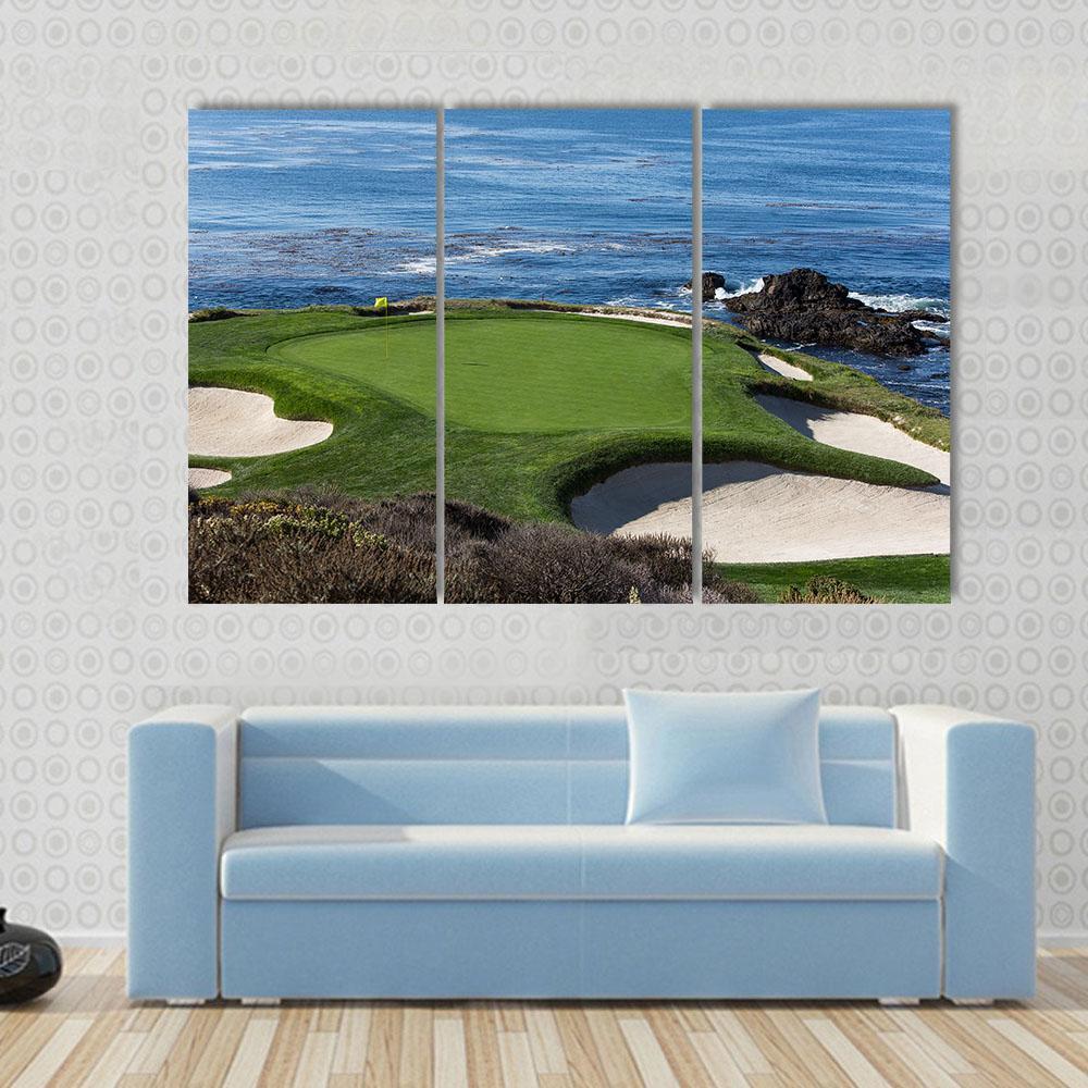 Pebble Beach Golf Course Artwork Canvas Wall Art in green and blue, 3 panel horizontal set hung on a wall