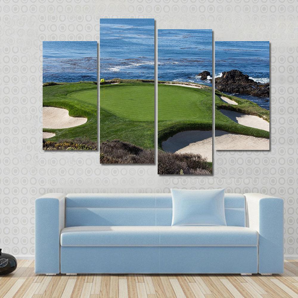 Pebble Beach Golf Course Artwork Canvas Wall Art in green and blue, 4 panel Pop layout hung on a wall