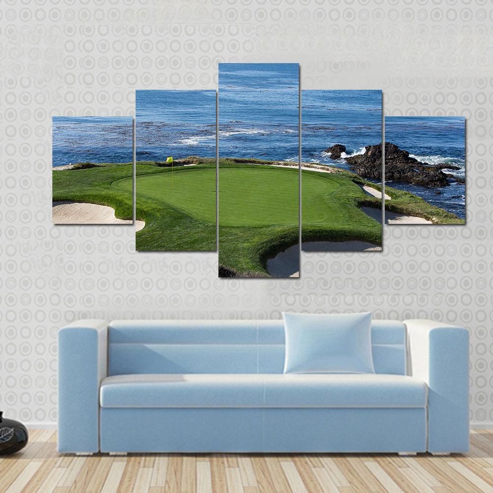 Pebble Beach Golf Course Artwork Canvas Wall Art in green and blue, 5 panel Pop layout hung on a wall
