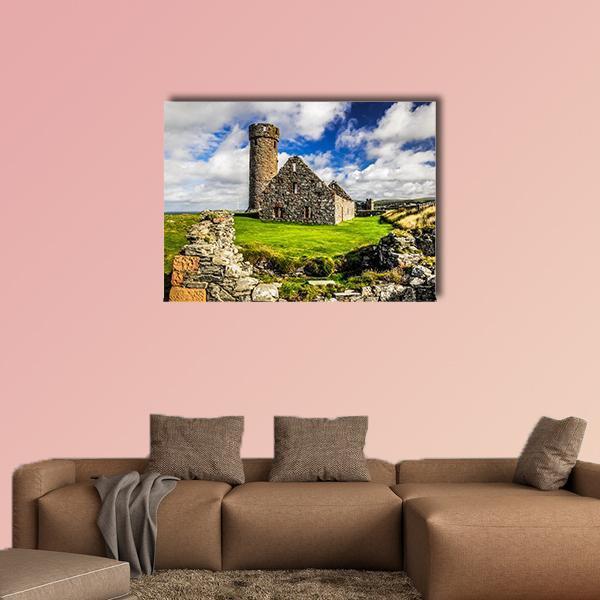 Peel Castle Tower Canvas Wall Art in gray, green and blue, single panel hung on a wall