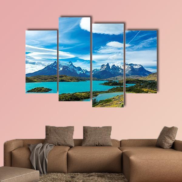 Pehoe Lake And Guernos Mountains Canvas Wall Art-4 Pop-Gallery Wrap-50" x 32"-Tiaracle