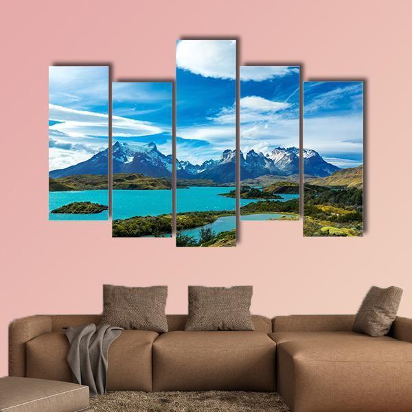 Pehoe Lake And Guernos Mountains Canvas Wall Art-5 Pop-Gallery Wrap-47" x 32"-Tiaracle