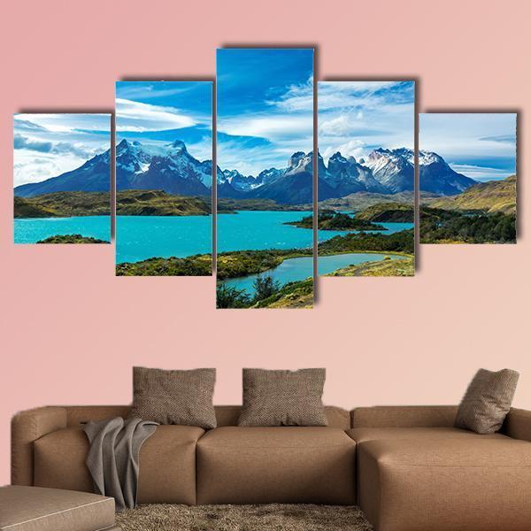 Pehoe Lake And Guernos Mountains Canvas Wall Art-5 Star-Gallery Wrap-62" x 32"-Tiaracle