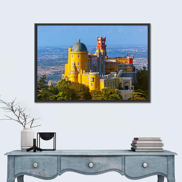 Pena Palace in Sintra Portugal Canvas Wall Art in red, yellow and blue, framed canvas, product view on a white background