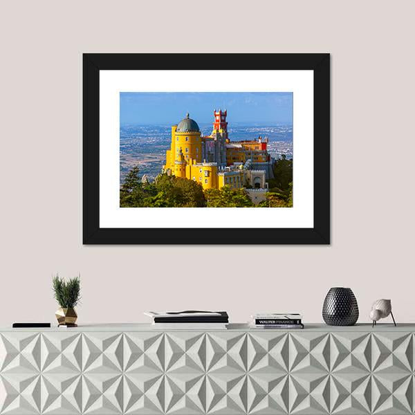 Pena Palace in Sintra Portugal Canvas Wall Art in red, yellow and blue, framed print, product view on a white background