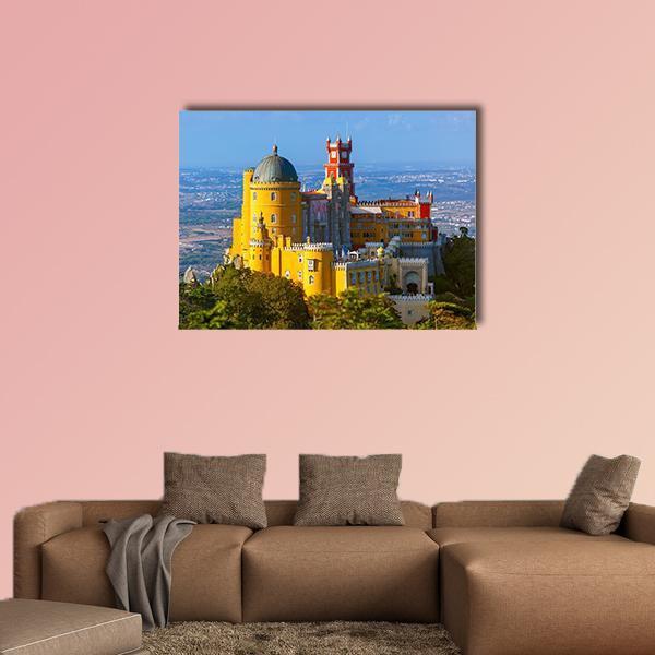Pena Palace in Sintra Portugal Canvas Wall Art in red, yellow and blue, single panel hung on a wall