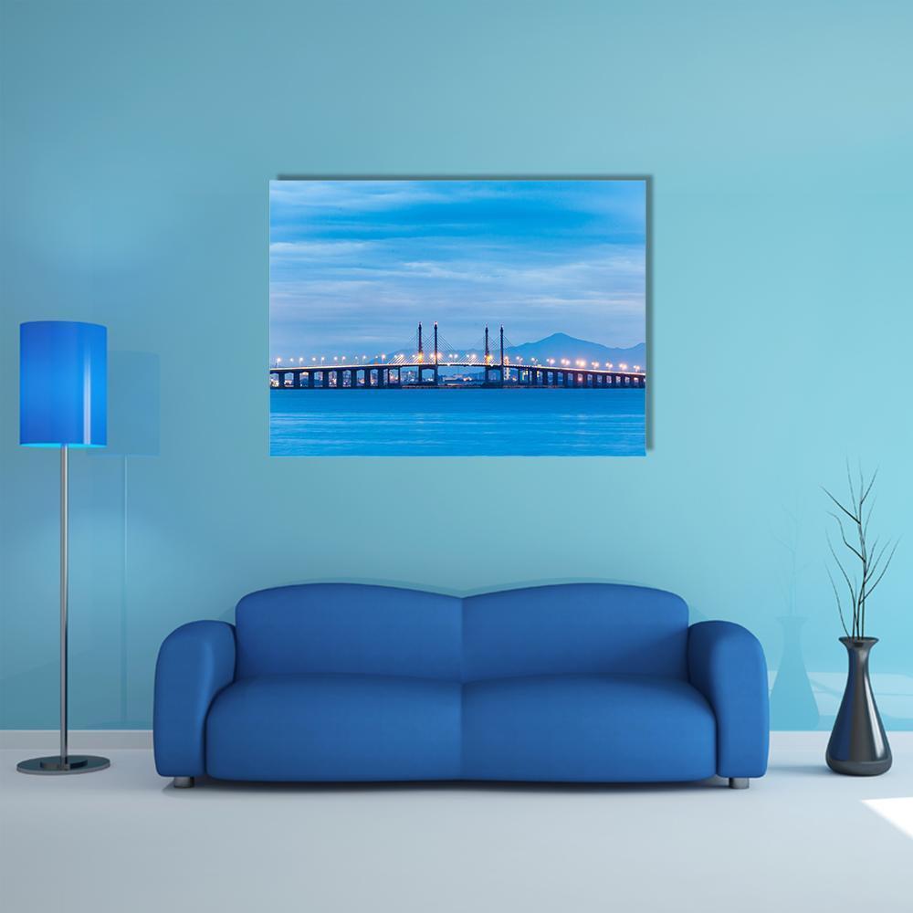 Penang Bridge at Twilight Canvas Wall Art in blue, single panel hung on a wall