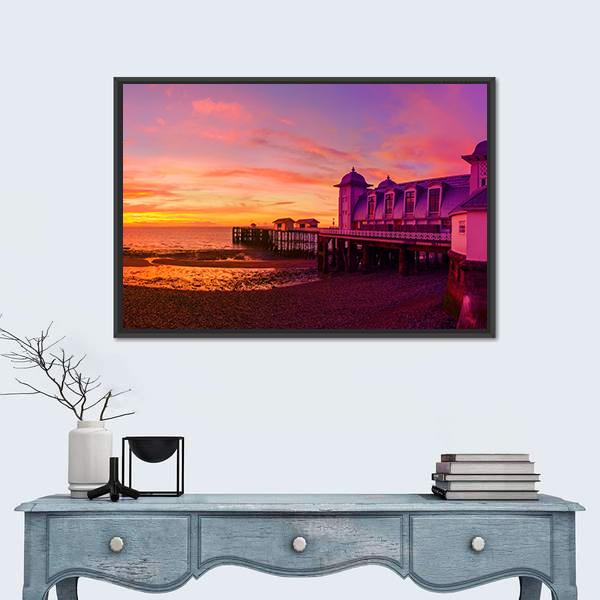 Penarth Pier Before Sunrise Canvas Wall Art-1 Piece-Floating Frame-24" x 16"-Tiaracle