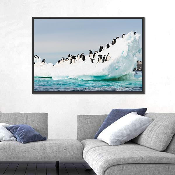 Penguins Colony On Iceberg Antarctica Canvas Wall Art-3 Horizontal-Gallery Wrap-25" x 16"-Tiaracle