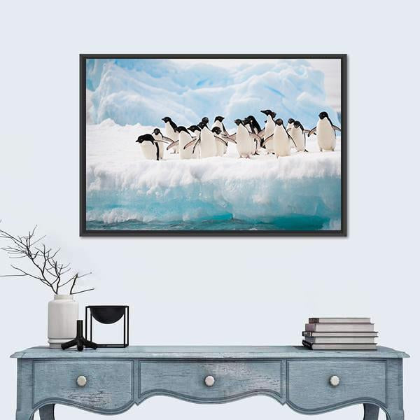 Penguins On Iceberg Antarctica Canvas Wall Art-1 Piece-Floating Frame-24" x 16"-Tiaracle