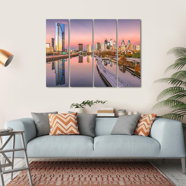 Pennsylvania Downtown City Skyline On Schuylkill River Canvas Wall Art-4 Horizontal-Gallery Wrap-34" x 24"-Tiaracle