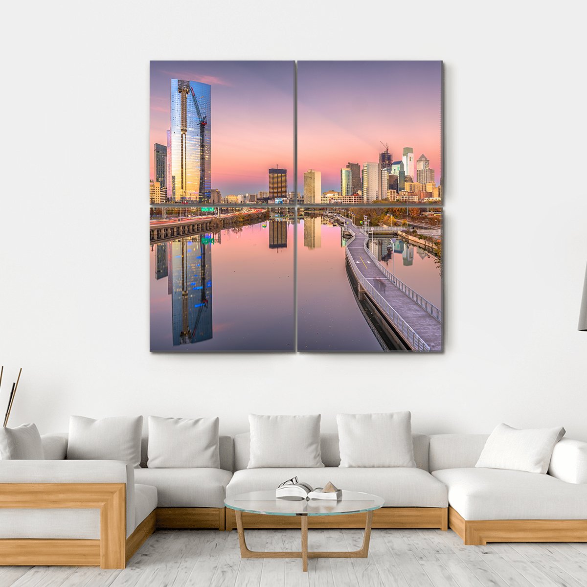 Pennsylvania Downtown City Skyline On Schuylkill River Canvas Wall Art-4 Square-Gallery Wrap-17" x 17"-Tiaracle