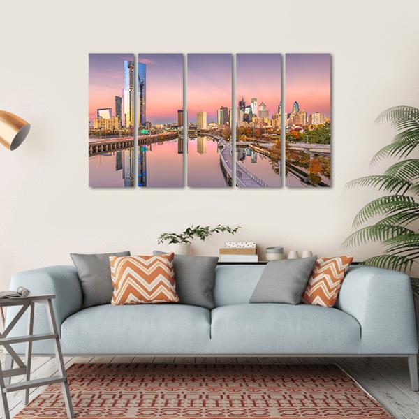 Pennsylvania Downtown City Skyline On Schuylkill River Canvas Wall Art-5 Horizontal-Gallery Wrap-22" x 12"-Tiaracle