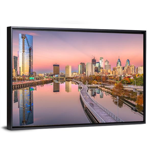 Pennsylvania Downtown City Skyline On Schuylkill River Canvas Wall Art-3 Horizontal-Gallery Wrap-25" x 16"-Tiaracle