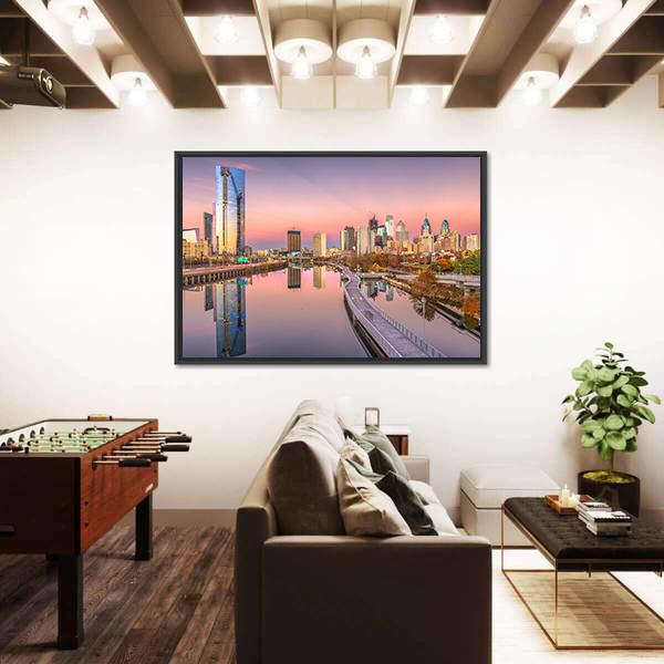 Pennsylvania Downtown City Skyline On Schuylkill River Canvas Wall Art-3 Horizontal-Gallery Wrap-25" x 16"-Tiaracle