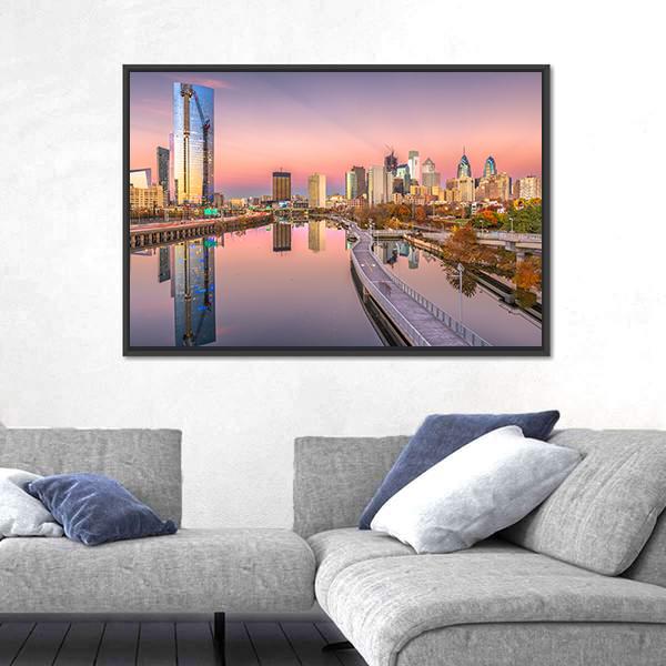 Pennsylvania Downtown City Skyline On Schuylkill River Canvas Wall Art-3 Horizontal-Gallery Wrap-25" x 16"-Tiaracle