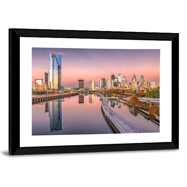Pennsylvania Downtown City Skyline On Schuylkill River Canvas Wall Art-3 Horizontal-Gallery Wrap-25" x 16"-Tiaracle