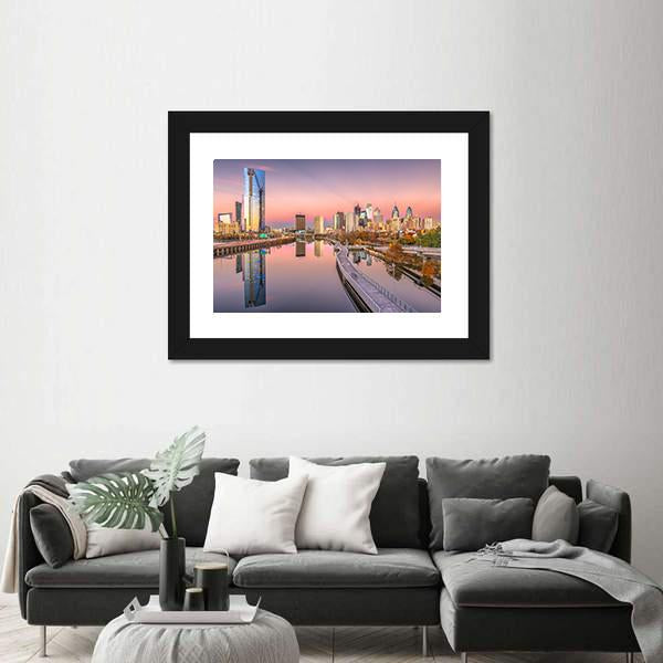 Pennsylvania Downtown City Skyline On Schuylkill River Canvas Wall Art-3 Horizontal-Gallery Wrap-25" x 16"-Tiaracle