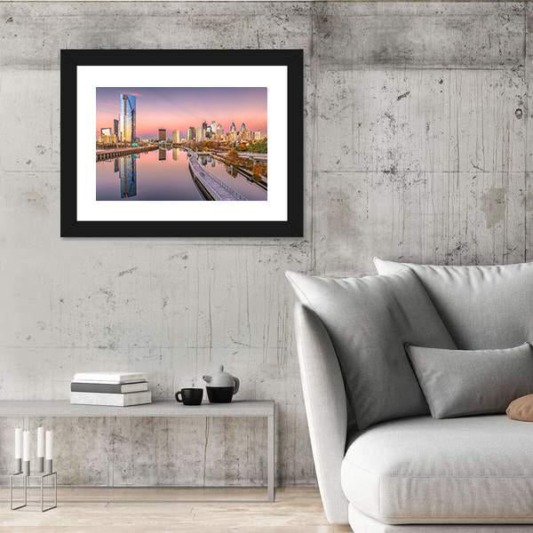 Pennsylvania Downtown City Skyline On Schuylkill River Canvas Wall Art-3 Horizontal-Gallery Wrap-25" x 16"-Tiaracle