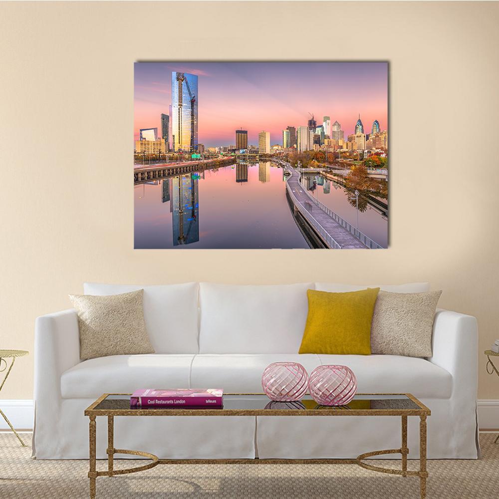 Pennsylvania Downtown City Skyline On Schuylkill River Canvas Wall Art-1 Piece-Gallery Wrap-48" x 32"-Tiaracle