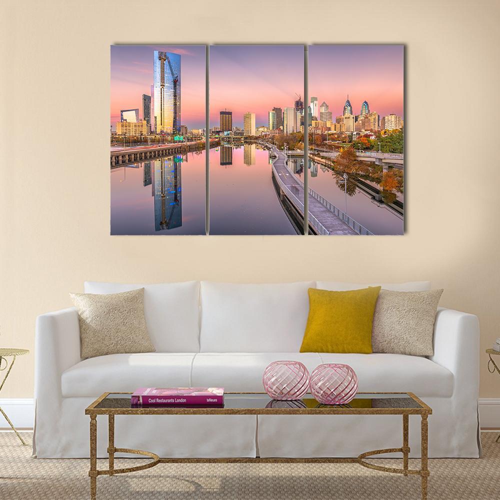 Pennsylvania Downtown City Skyline On Schuylkill River Canvas Wall Art-3 Horizontal-Gallery Wrap-37" x 24"-Tiaracle