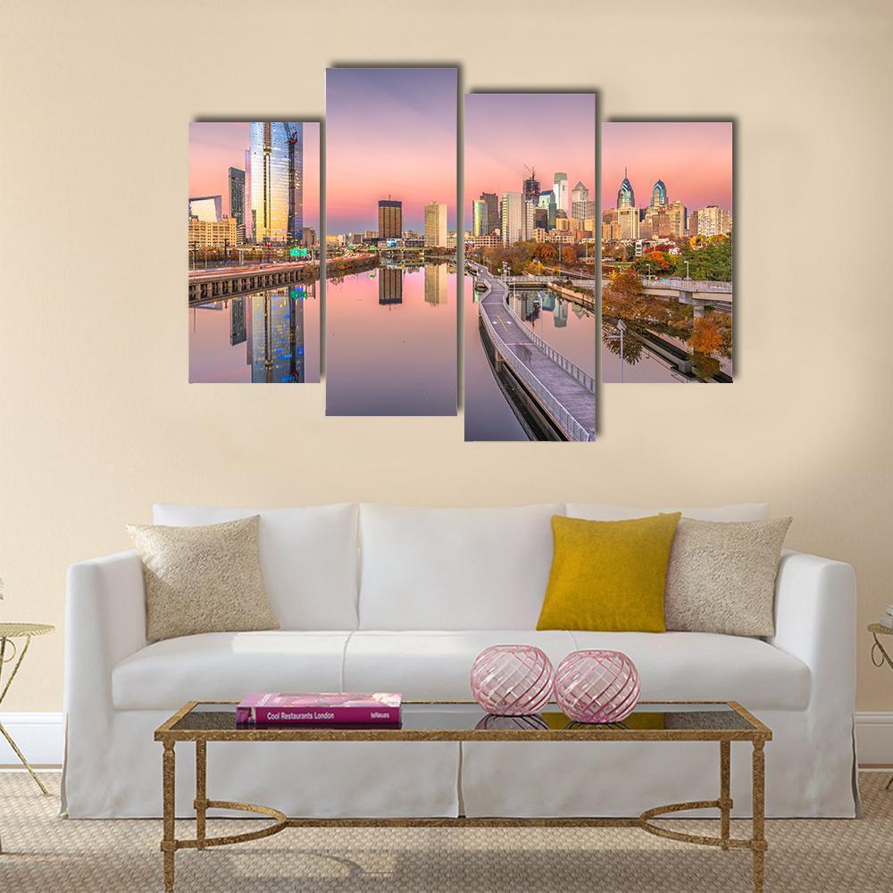 Pennsylvania Downtown City Skyline On Schuylkill River Canvas Wall Art-4 Pop-Gallery Wrap-50" x 32"-Tiaracle