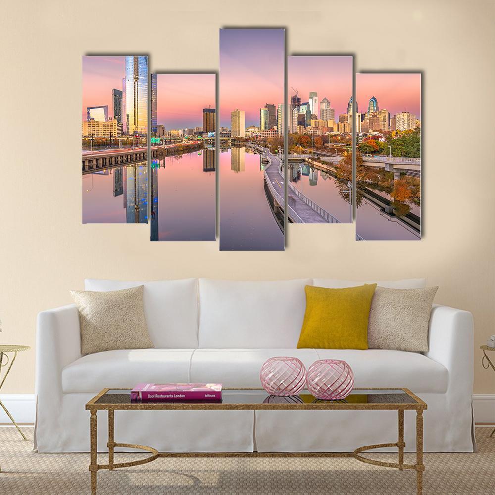 Pennsylvania Downtown City Skyline On Schuylkill River Canvas Wall Art-5 Pop-Gallery Wrap-47" x 32"-Tiaracle