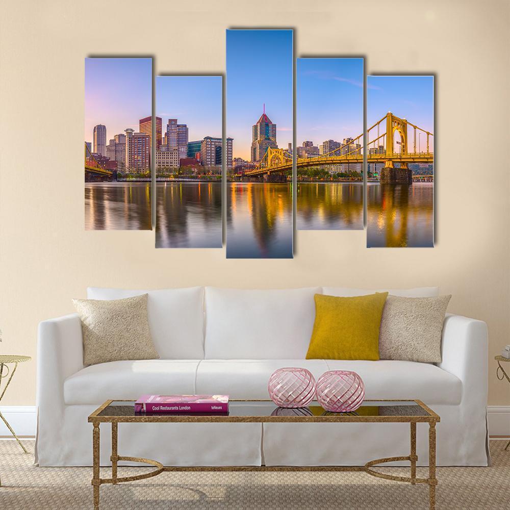 Pennsylvania Skyline On The Allegheny River Canvas Wall Art-5 Pop-Gallery Wrap-47" x 32"-Tiaracle