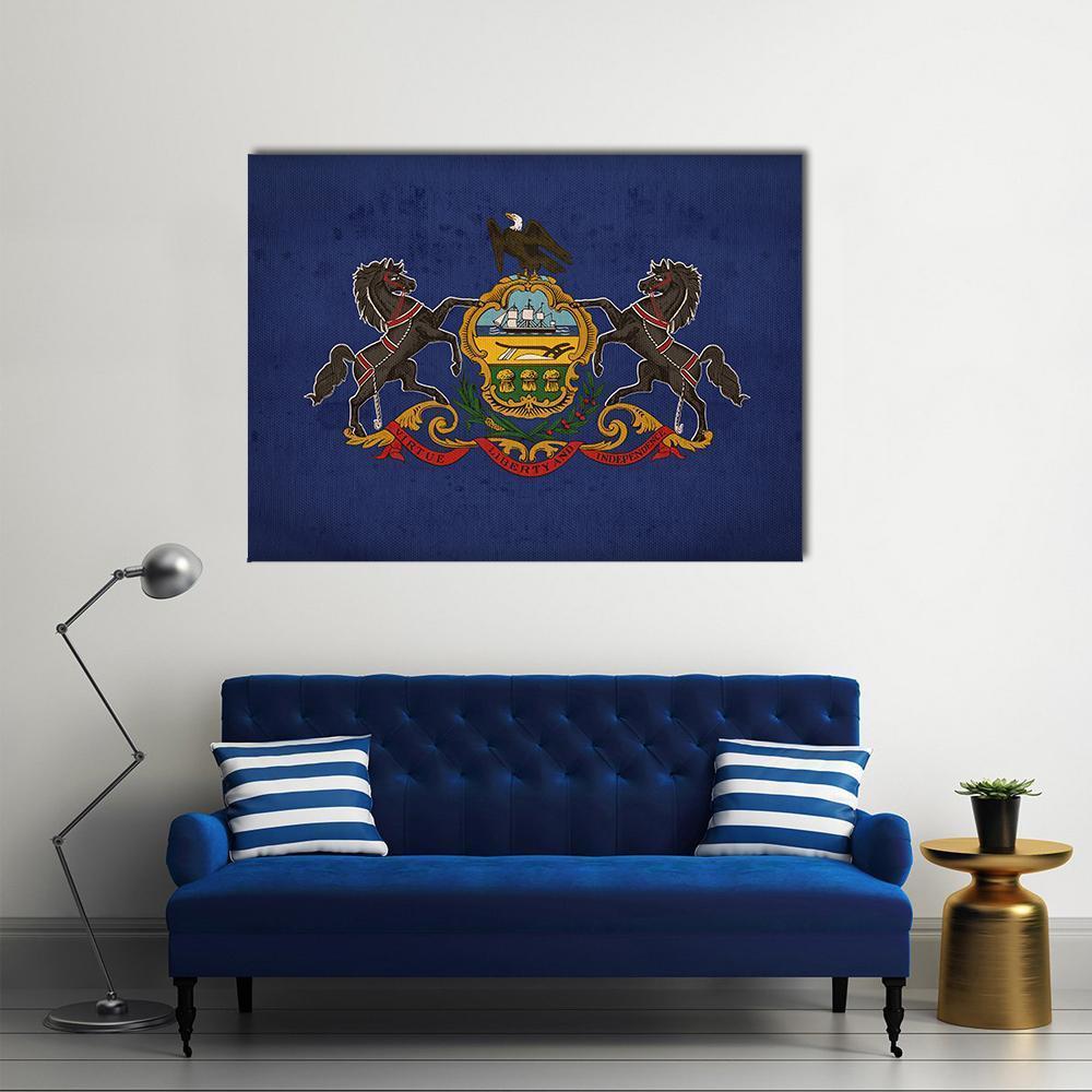 Pennsylvania State Flag Canvas Wall Art in gold, blue and navy, single panel hung on a wall