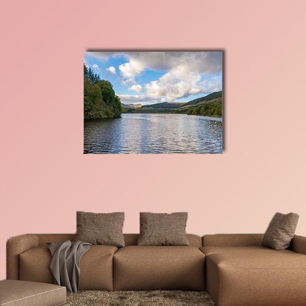 Pentwyn Reservoir Canvas Wall Art in gray, green and blue, single panel hung on a wall