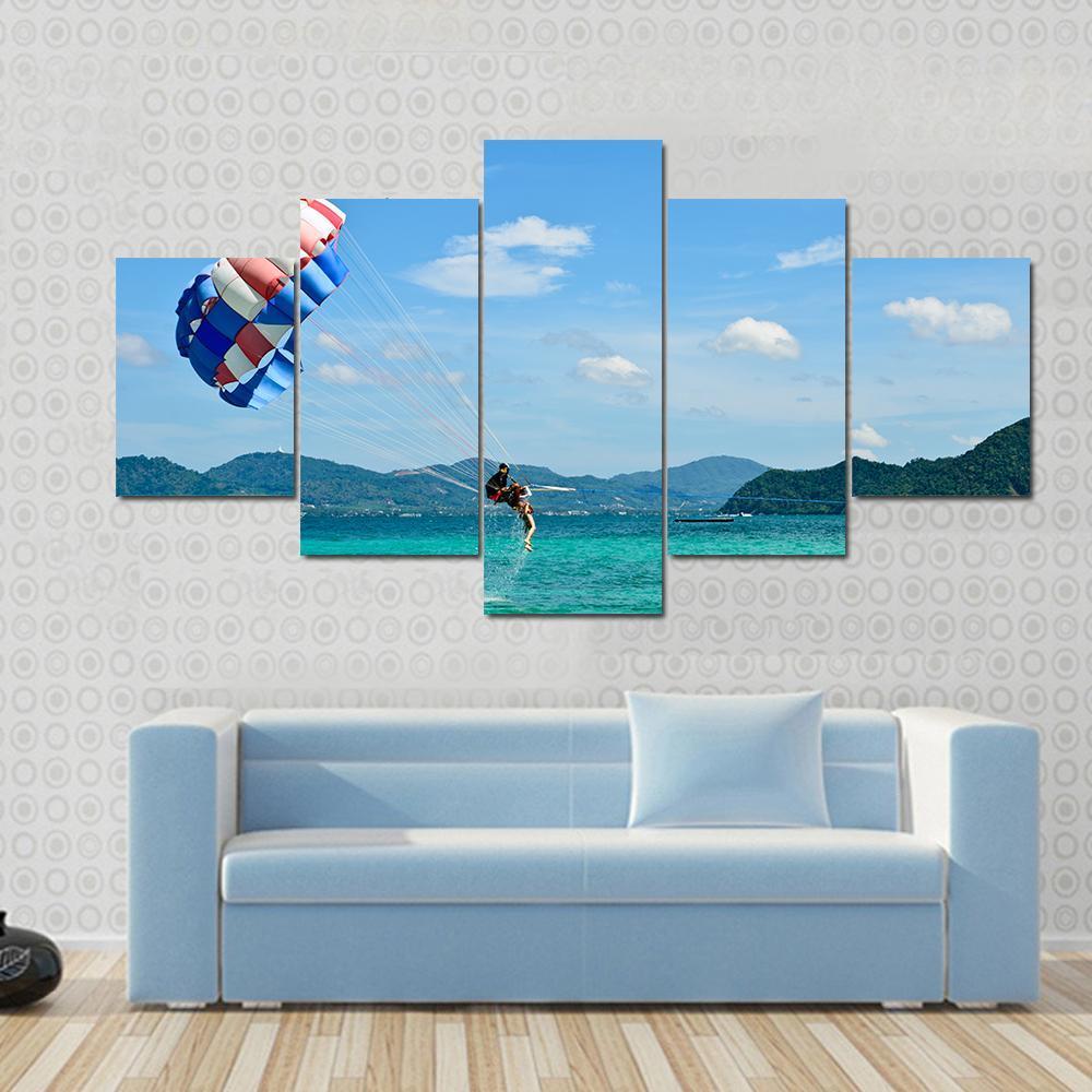 People Are Para Sailing In Phuket Canvas Wall Art-4 Pop-Gallery Wrap-50" x 32"-Tiaracle