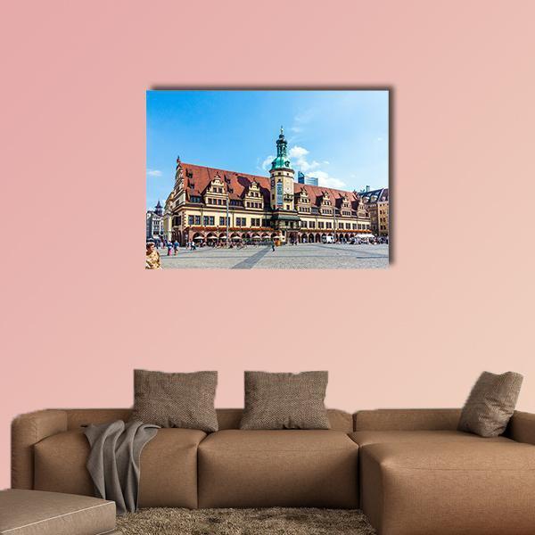 People at Altes Rathaus Leipzig, Sunny Plaza Canvas Wall Art in beige, brown and blue, single panel hung on a wall