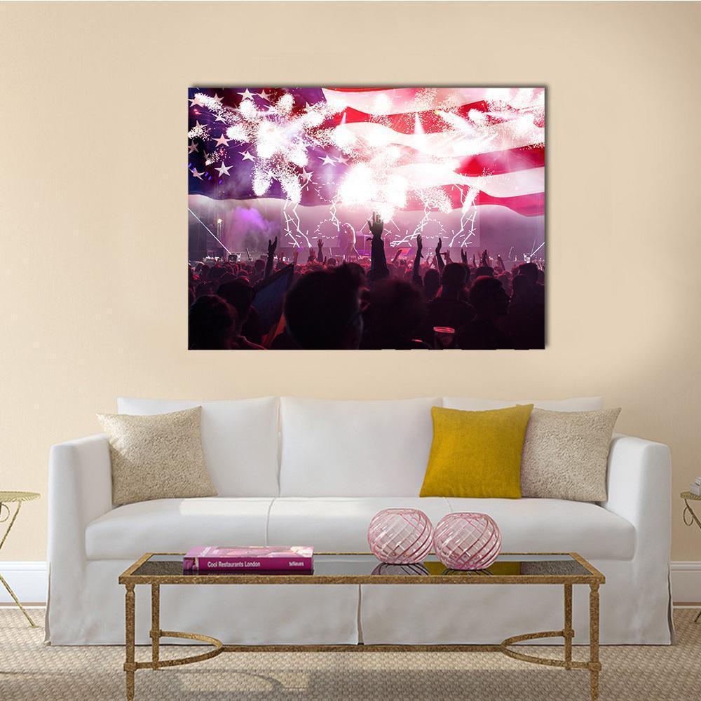 Independence Day Concert Crowd with Flag Canvas Wall Art in white, red and blue, single panel hung on a wall