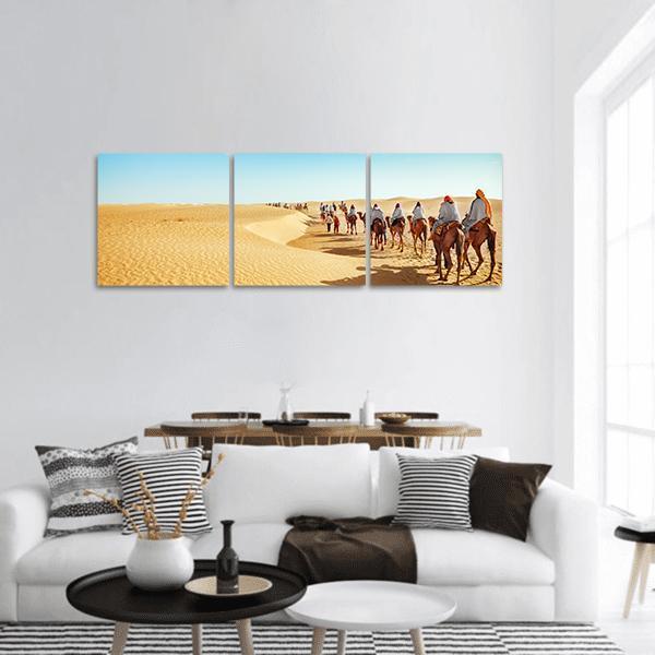 People In Sahara Desert Panoramic Canvas Wall Art-3 Piece-25" x 08"-Tiaracle