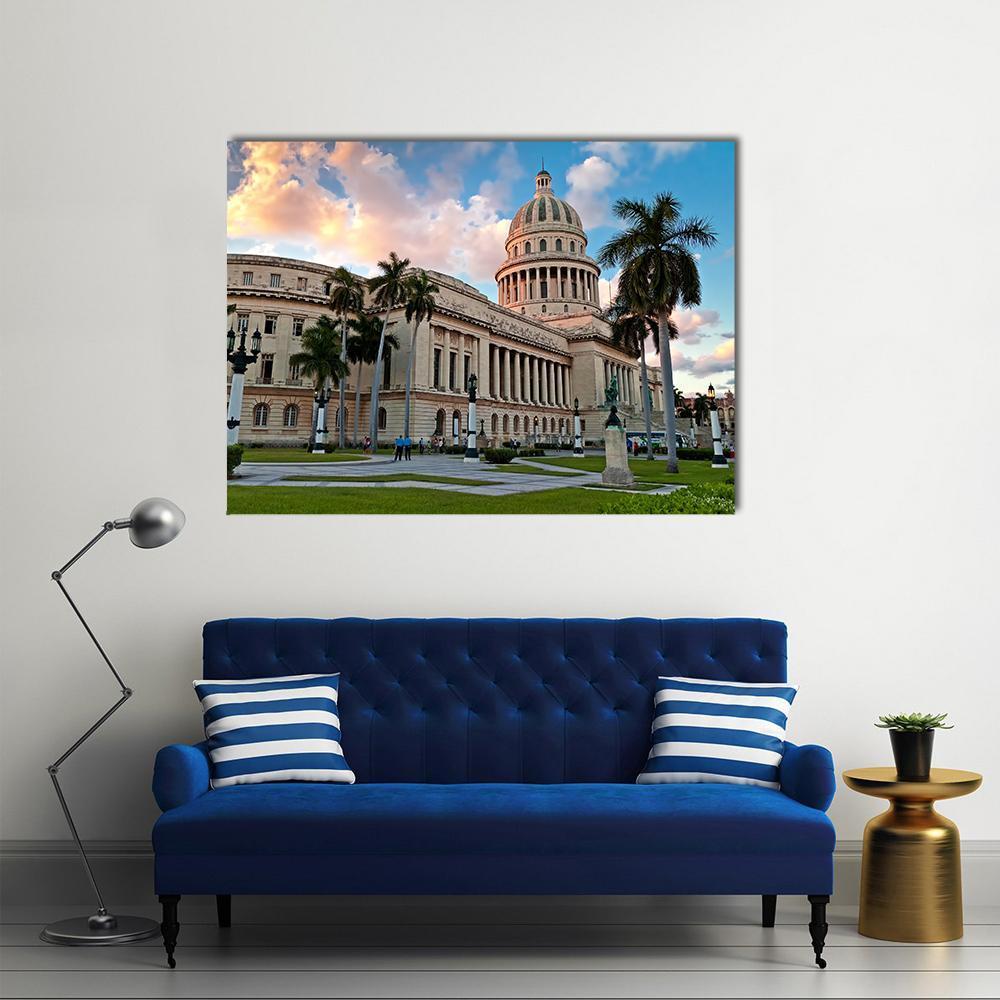 Havana Capitol Gardens at Sunset Canvas Wall Art in beige, orange and blue, single panel hung on a wall