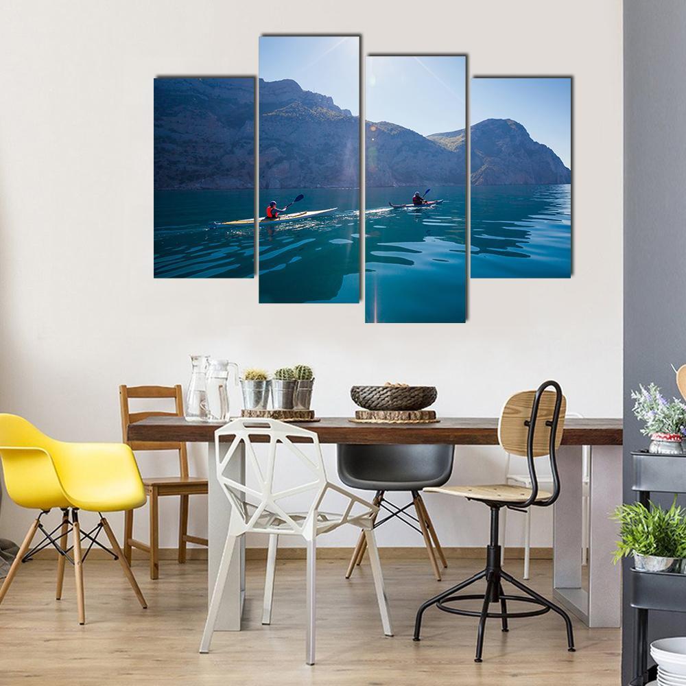 People Kayaking In The Sea Near The Mountains Canvas Wall Art-4 Pop-Gallery Wrap-50" x 32"-Tiaracle