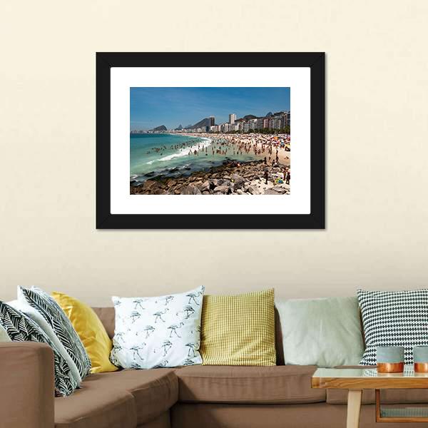 People On Copacabana Beach Canvas Wall Art-1 Piece-Framed Print-20" x 16"-Tiaracle