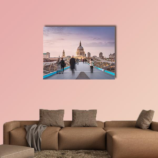 People on Millennium Bridge, London Canvas Wall Art in gray, blue and purple, single panel hung on a wall