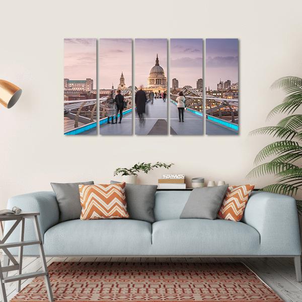 People On Millennium Bridge Canvas Wall Art-5 Horizontal-Gallery Wrap-22" x 12"-Tiaracle