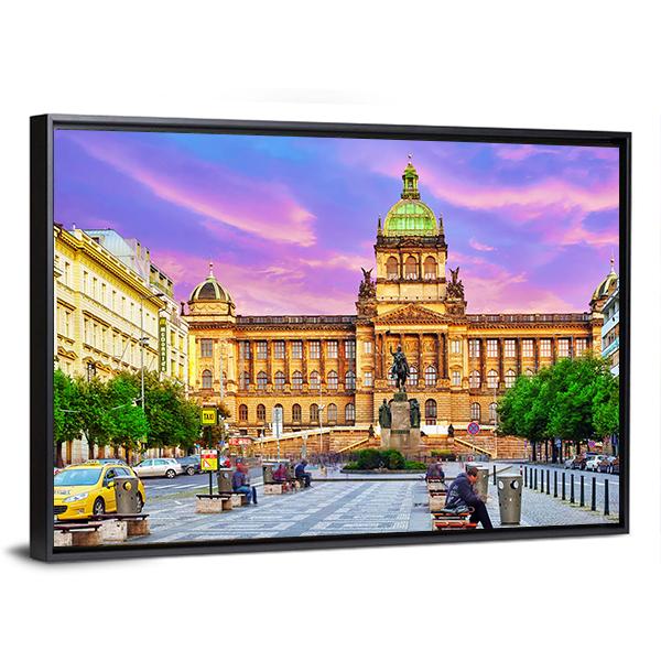 People On Wenceslas Square In Prague At Night Canvas Wall Art-3 Horizontal-Gallery Wrap-25" x 16"-Tiaracle