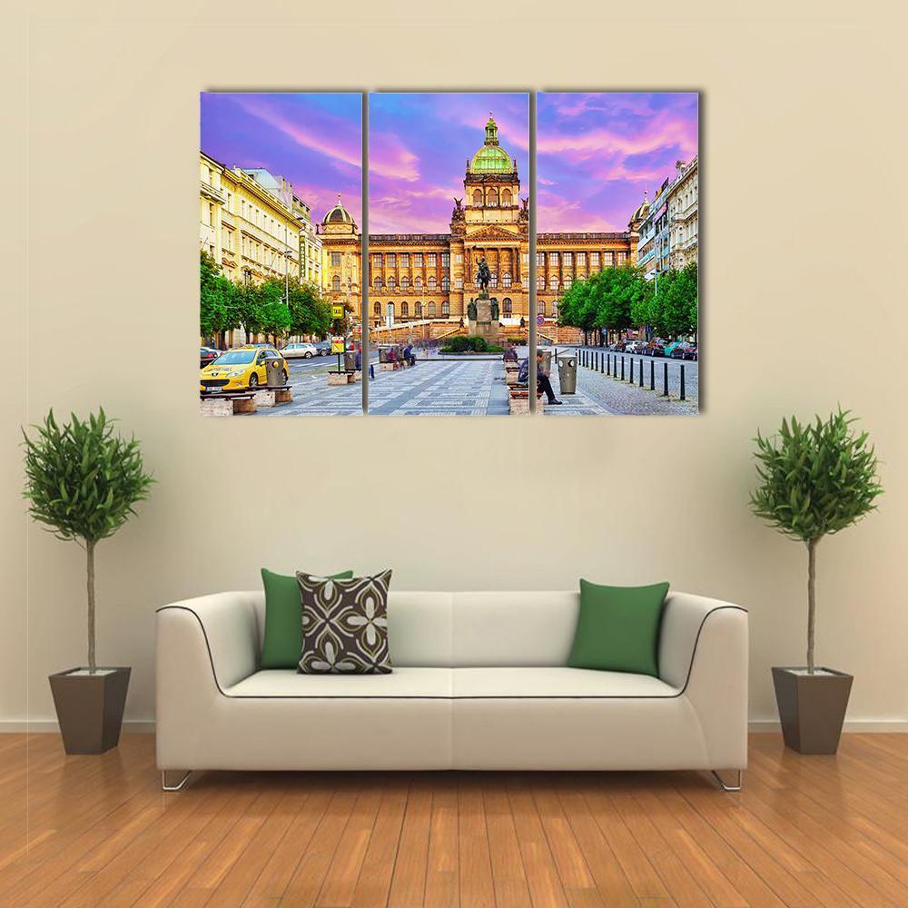 People On Wenceslas Square In Prague At Night Canvas Wall Art-3 Horizontal-Gallery Wrap-37" x 24"-Tiaracle