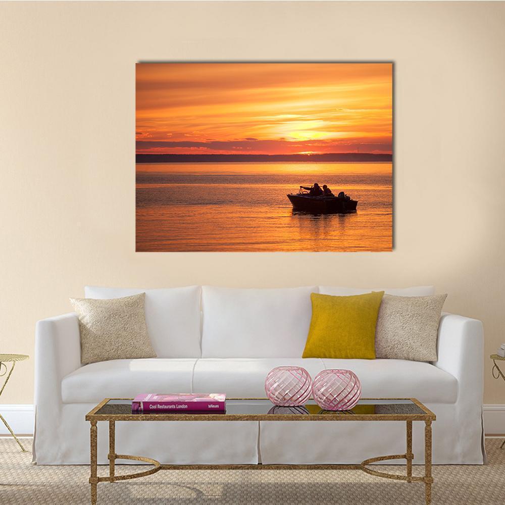 People Sailing In Boat At Sunset Canvas Wall Art-1 Piece-Gallery Wrap-48" x 32"-Tiaracle