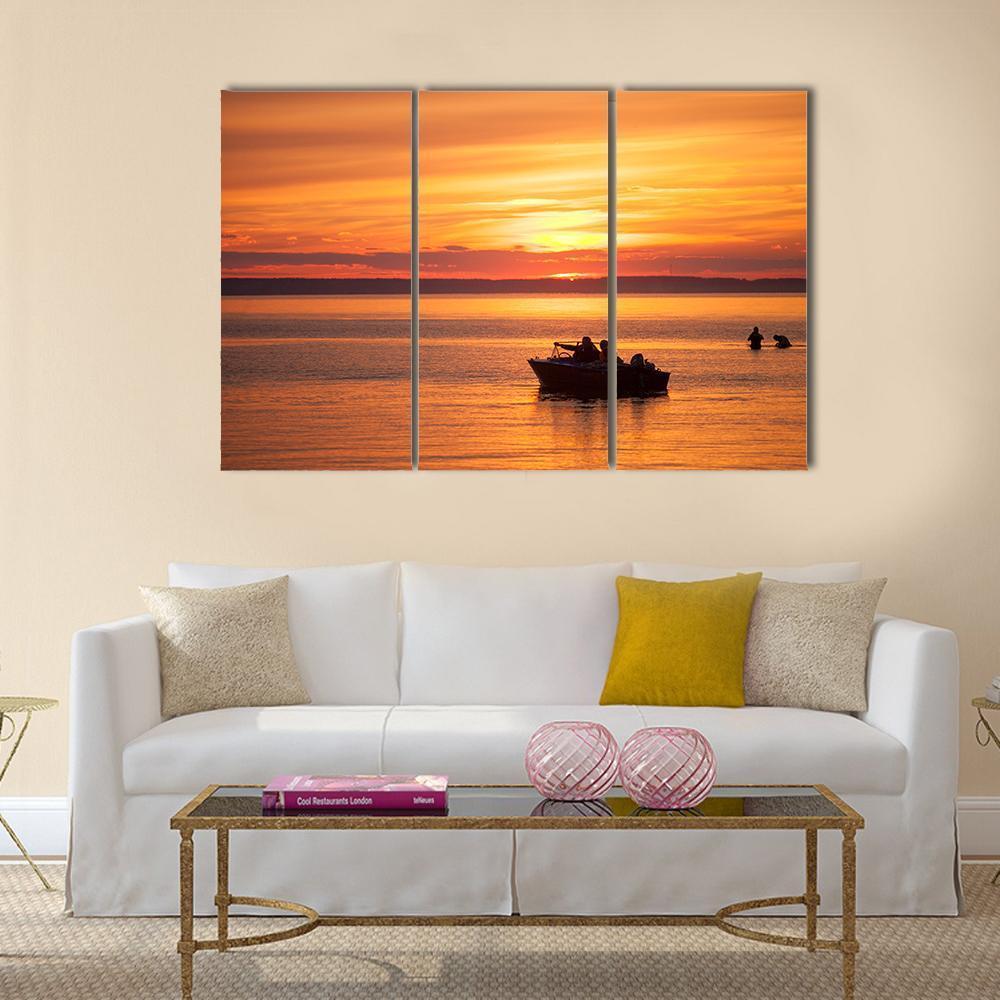People Sailing In Boat At Sunset Canvas Wall Art-3 Horizontal-Gallery Wrap-37" x 24"-Tiaracle