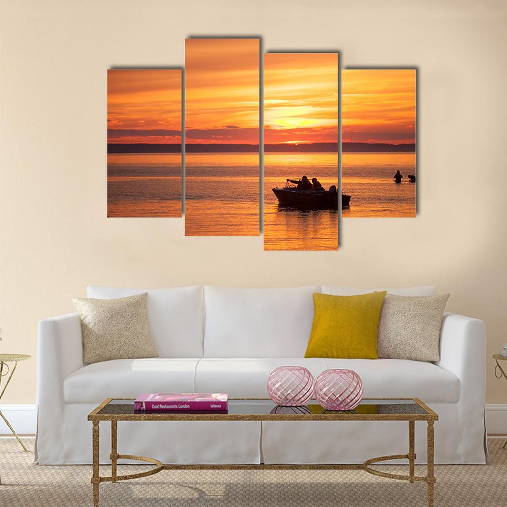 People Sailing In Boat At Sunset Canvas Wall Art-4 Pop-Gallery Wrap-50" x 32"-Tiaracle