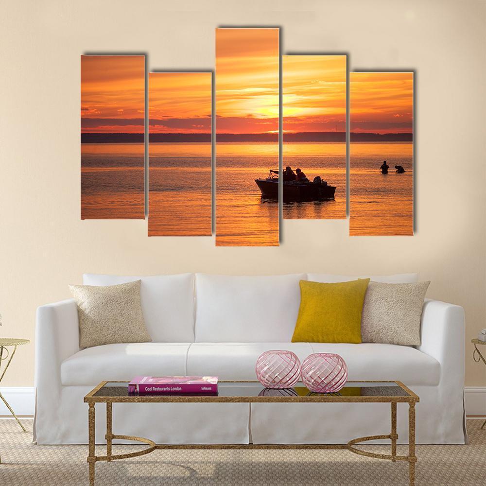 People Sailing In Boat At Sunset Canvas Wall Art-5 Pop-Gallery Wrap-47" x 32"-Tiaracle
