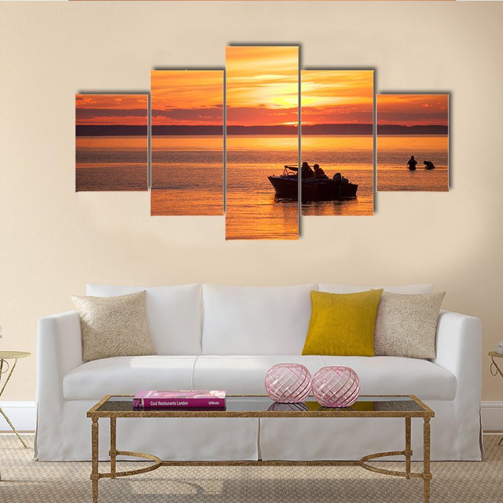 People Sailing In Boat At Sunset Canvas Wall Art-5 Pop-Gallery Wrap-47" x 32"-Tiaracle