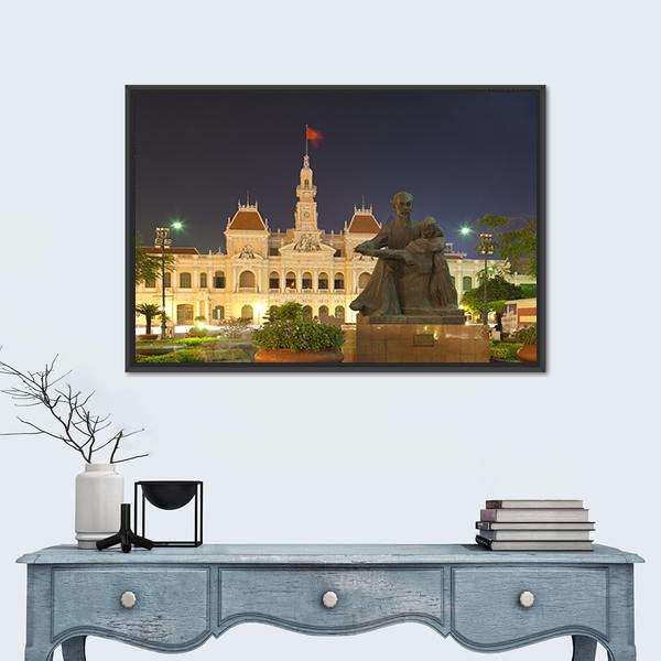 People's Committee Building At Night Canvas Wall Art-1 Piece-Floating Frame-24" x 16"-Tiaracle